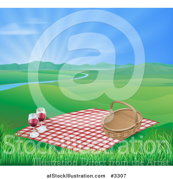 Vector Illustration of a Picnic Blanket and Basket with Red Wine in a Hilly Spring Landscape with a River and Sunshine