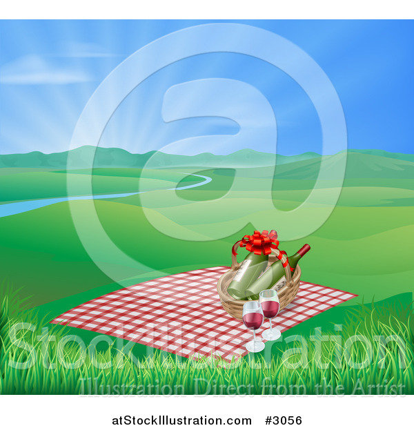 Vector Illustration of a Picnic Blanket and Basket with Wine in a Hilly Spring Landscape with a River and Sunshine