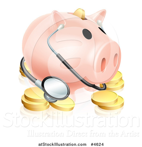 Vector Illustration of a Piggy Bank with a Stethoscope and Gold Coins