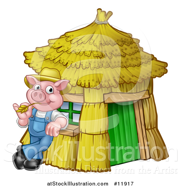 Vector Illustration of a Piggy from the Three Little Pigs Fairy Tale, Leaning Against His Straw House