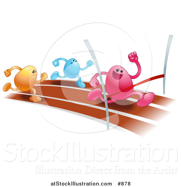 Vector Illustration of a Pink Bean Character Racing on a Track and Crossing the Finish Line Before Orange and Blue Runners, Symbolizing Achievement