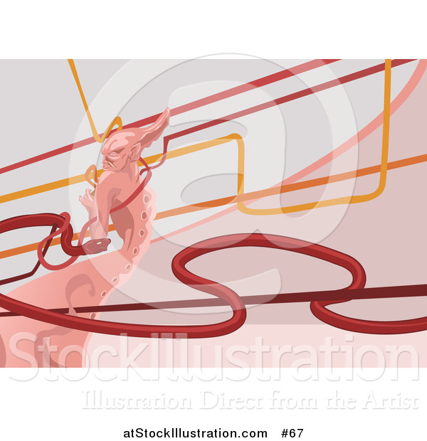 Vector Illustration of a Pink Demon, Lines and a Red Snake