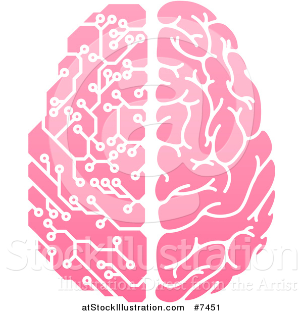 Vector Illustration of a Pink Half Human, Half Artificial Intelligence Circuit Board Brain