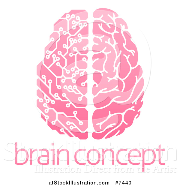 Vector Illustration of a Pink Half Human, Half Artificial Intelligence Circuit Board Brain over Sample Text