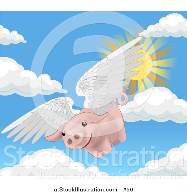 Vector Illustration of a Pink Pig Flying Through the Sky on a Sunny Day, when Pigs Fly