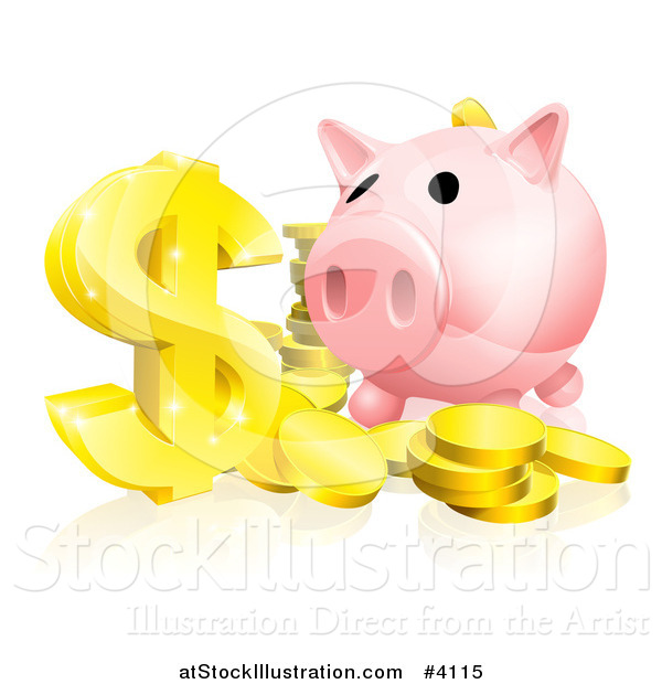 Vector Illustration of a Pink Piggy Bank and Abundance of Gold Coins and Dollar Symbol