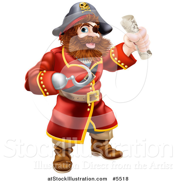 Vector Illustration of a Pirate Captain with a Hook Hand and Treasure Map