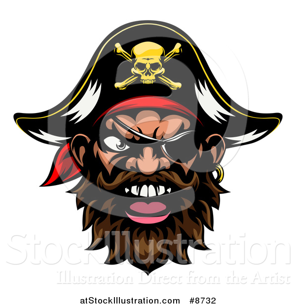 Vector Illustration of a Pirate Mascot Face with an Eye Patch and Captain Hat