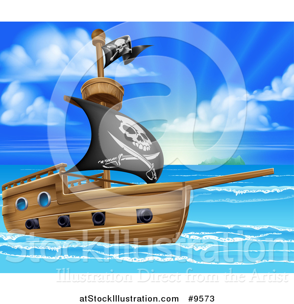 Vector Illustration of a Pirate Ship Flying the Jolly Roger Flag in a ...