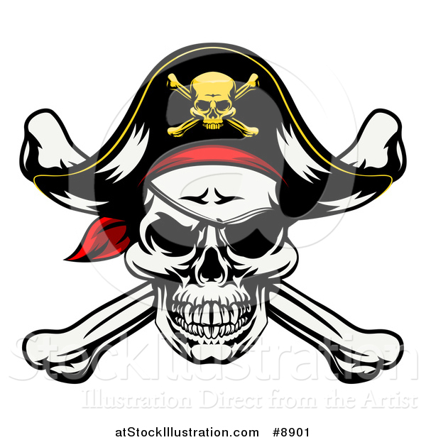 Vector Illustration of a Pirate Skull and Crossbones Wearing a Patch and Captain Hat