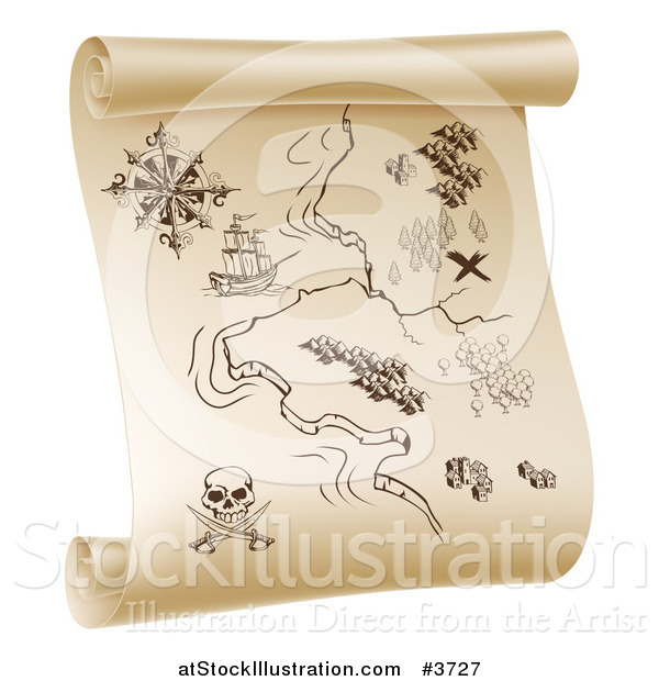 Vector Illustration of a Pirate Treasure Map on a Scroll