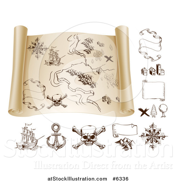 Vector Illustration of a Pirate Treasure Map Scroll and Design Elements