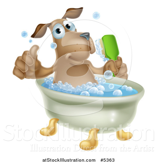 Vector Illustration of a Pleased Brown Dog Bathing and Holding a Thumb up