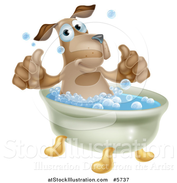 Vector Illustration of a Pleased Brown Dog Bathing and Holding Two Thumbs up