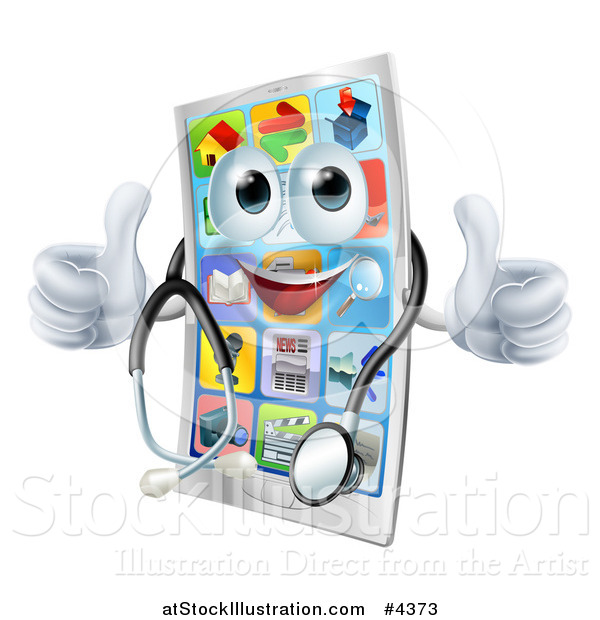 Vector Illustration of a Pleased Cell Phone Mascot Holding Two Thumbs up and Wearing a Stethoscope