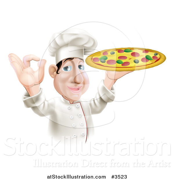Vector Illustration of a Pleased Chef Gesturing Ok and Holding a Pizza