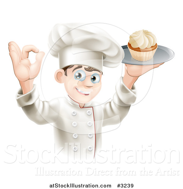 Vector Illustration of a Pleased Chef Gesturing Ok and Holding a Platter with a Cupcake