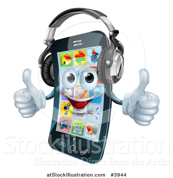 Vector Illustration of a Pleased Smart Phone Holding Two Thumbs up and Wearing Headphones