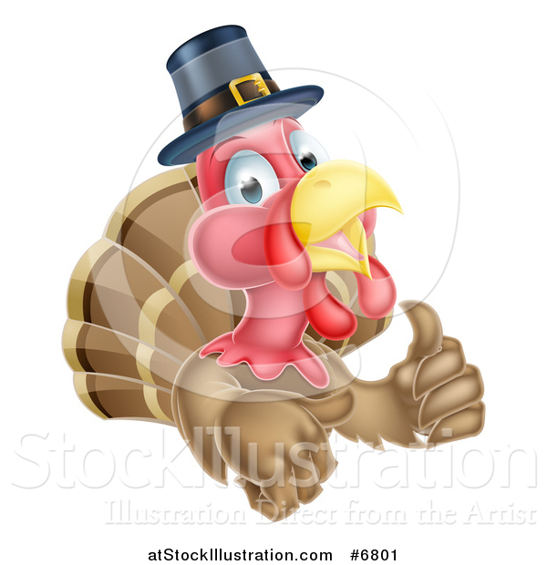 Vector Illustration of a Pleased Thanksgiving Turkey Bird Wearing a Pilgrim Hat and Giving a Thumb up