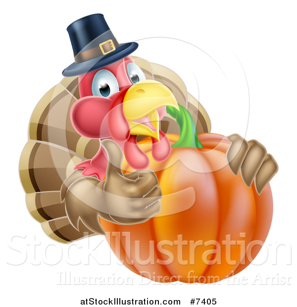 Vector Illustration of a Pleased Thanksgiving Turkey Bird Wearing a Pilgrim Hat and Giving a Thumb up over a Pumpkin 2