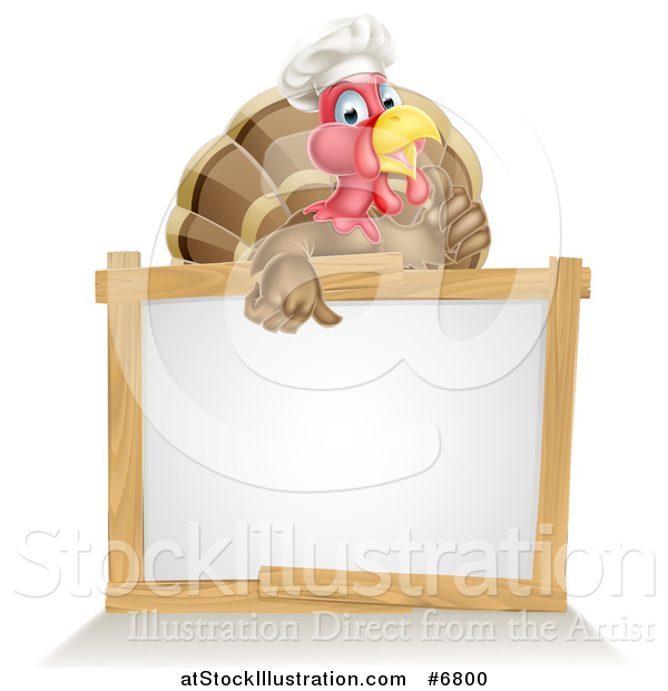 Vector Illustration of a Pleased Turkey Bird Chef Giving a Thumb up over a Blank White Sign