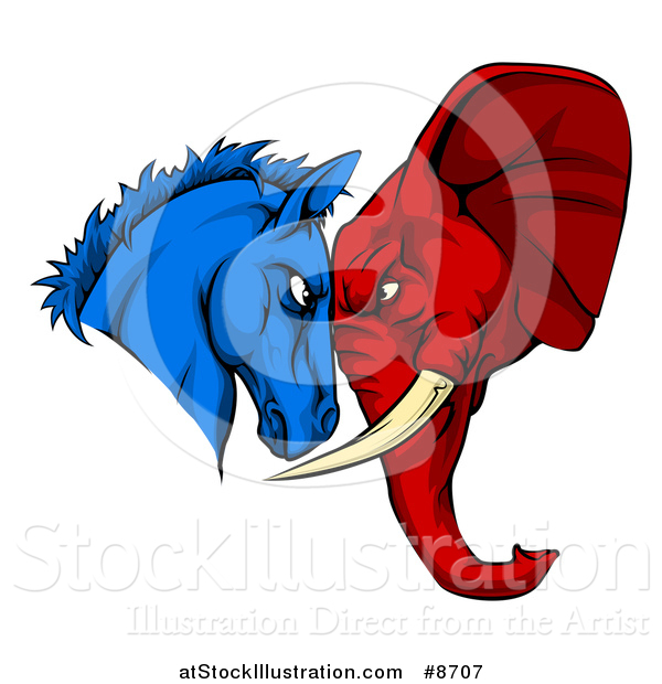 Vector Illustration of a Political Aggressive Democratic Donkey or Horse and Republican Elephant Butting Heads
