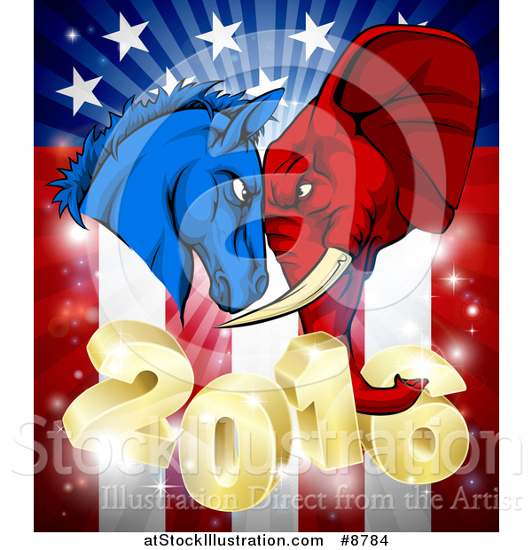 Vector Illustration of a Political Aggressive Democratic Donkey or Horse and Republican Elephant Butting Heads over a 2016 American Flag and Burst