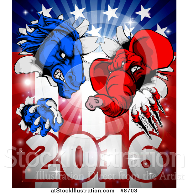 Vector Illustration of a Political Aggressive Democratic Donkey or Horse and Republican Elephant Clawing Through an American Flag over 2016