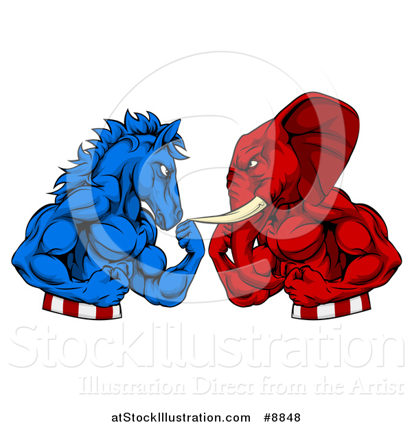 Vector Illustration of a Political Aggressive Democratic Donkey or Horse and Republican Elephant Fighting, Fists Balled