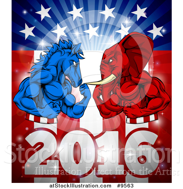 Vector Illustration of a Political Aggressive Democratic Donkey or Horse and Republican Elephant Flexing over a 2016 American Flag and Burst