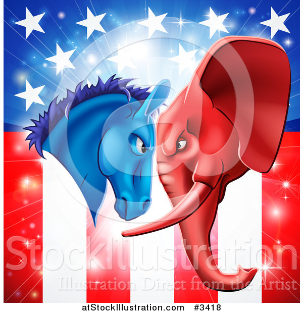 Vector Illustration of a Political Democratic Donkey and Republican Elephant Elephant Butting Heads over an American Flag