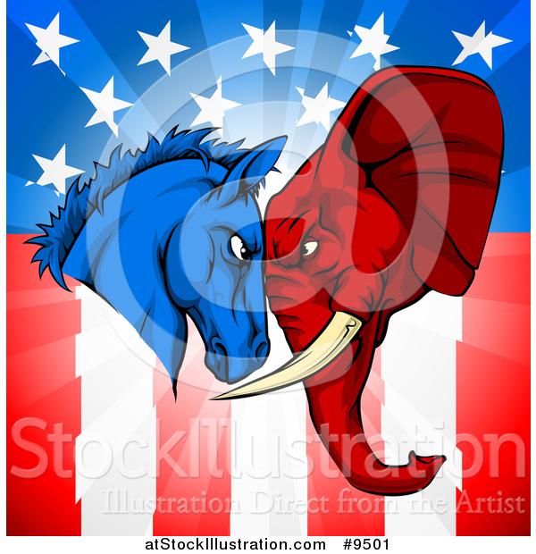 Vector Illustration of a Political Democratic Donkey and Republican Elephant Elephant Butting Heads over an American Themed Flag