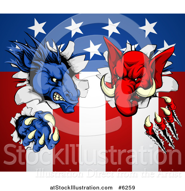 Vector Illustration of a Political Democratic Donkey and Republican Elephant Tearing Through an American Flag