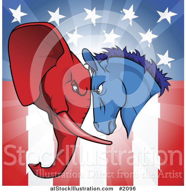 Vector Illustration of a Political Donkey and Elephant Facing off over an American Flag