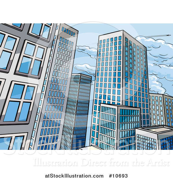 Vector Illustration of a Pop Art Comic Book Styled Scene of City Skyscraper Buildings