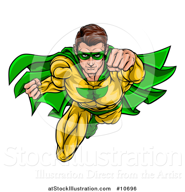 Vector Illustration of a Pop Art Comic Caucaslan Male Super Hero Flying Forward