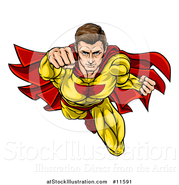 Vector Illustration of a Pop Art Comic Caucaslan Male Super Hero Flying Forward
