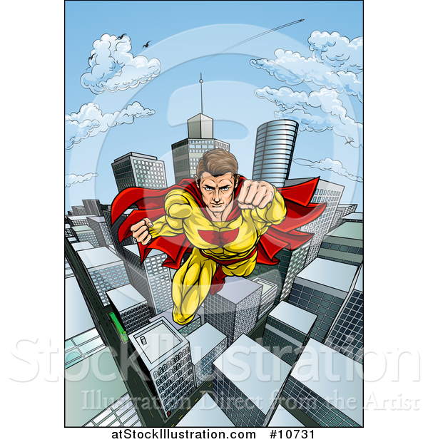 Vector Illustration of a Pop Art Comic Caucaslan Male Super Hero Flying Forward over a City
