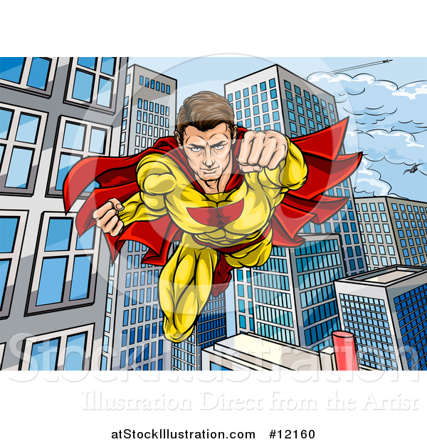 Vector Illustration of a Pop Art Comic Male Super Hero Flying Forward over a City