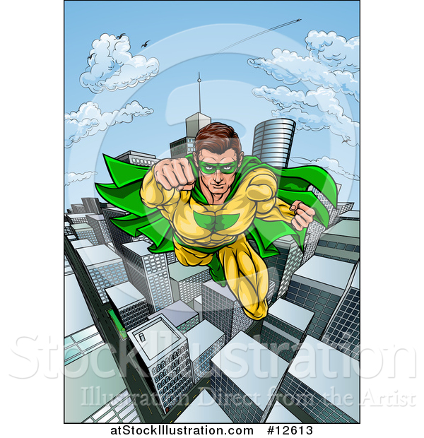 Vector Illustration of a Pop Art Comic Male Super Hero Flying Forward over a City