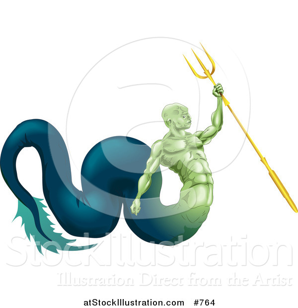 Vector Illustration of a Poseidon Merman, God of the Sea, Part Fish and Part Man Holding a Trident