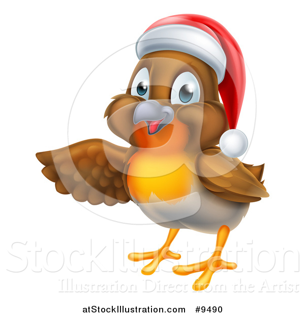 Vector Illustration of a Presenting Cheerful Christmas Robin in a Santa Hat