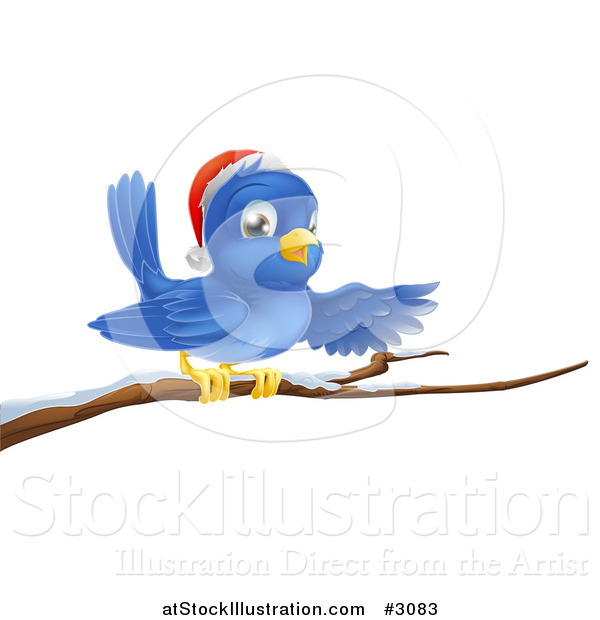Vector Illustration of a Presenting Christmas Bluebird Wearing a Santa Hat and Perched on a Branch with Snow