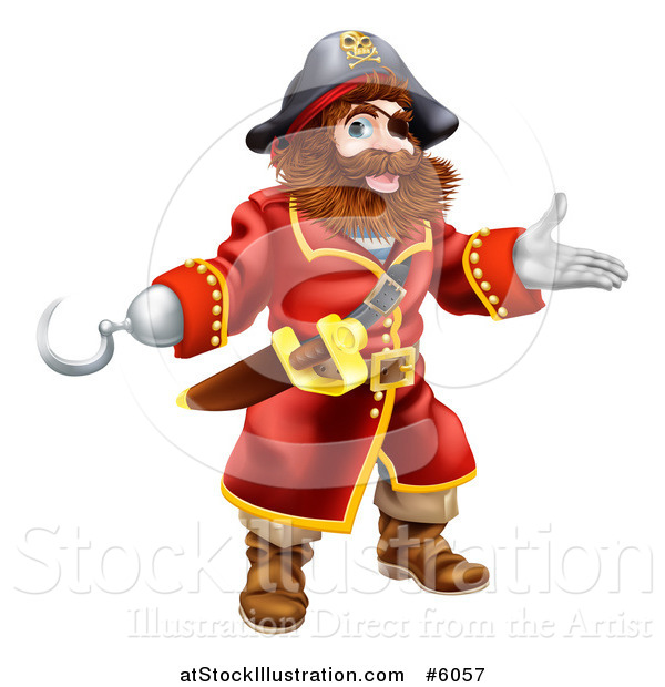 Vector Illustration of a Presenting Pirate Captain with a Hook Hand and Eye Patch
