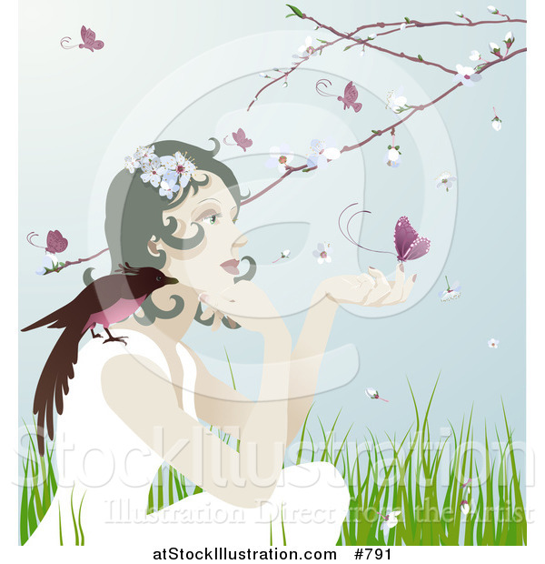 Vector Illustration of a Pretty Gentle Woman with a Bird on Her Shoulder and a Butterfly on Her Hand, Sitting Outdoors in Spring Time