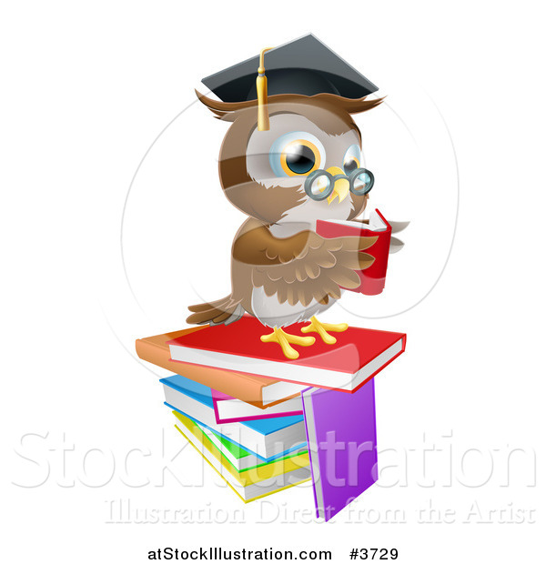 Vector Illustration of a Professor Owl Reading on a Stack of Books