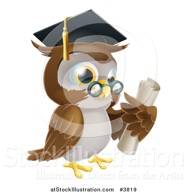 Vector Illustration of a Professor Owl Wearing a Graduation Cap and Holding a Certificate