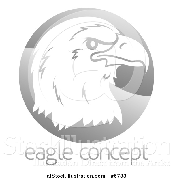 Vector Illustration of a Profiled Bald Eagle or Falcon Head on a Shiny Gray Circle Above Sample Text