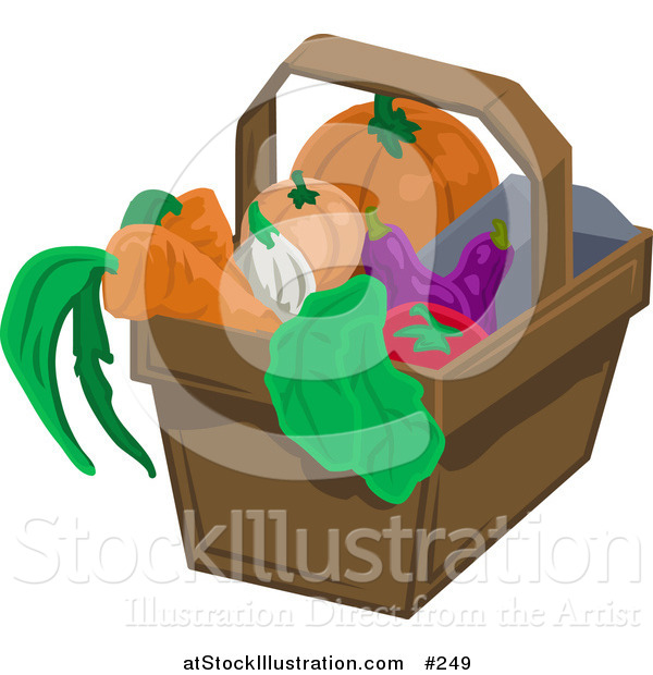 Vector Illustration of a Pumpkin, Squash, Eggplant, Tomatoe, Lettuce, Onion and Carrots in a Basket