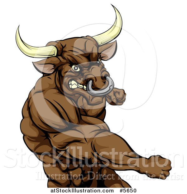 Vector Illustration of a Punching Muscular Bull Man Mascot